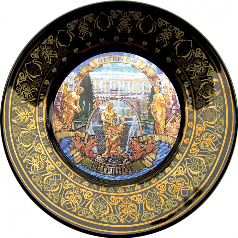 Тарелка фарфоровая с фольгированной вставкой "Петергоф. Самсон-Дворец", цвет черный, с подставкой