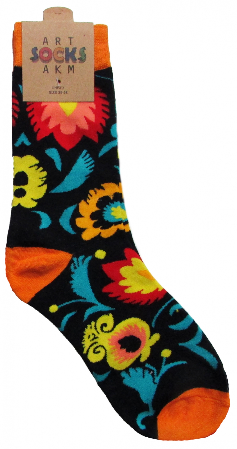 Носки трикотажные, цвет черный с оранжевым "Цветы", размер 35-38