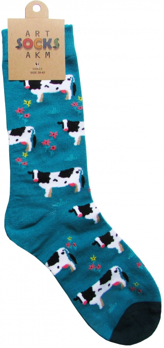 купить Носки трикотажные, цвет бирюзовый "Коровы", размер 39-42