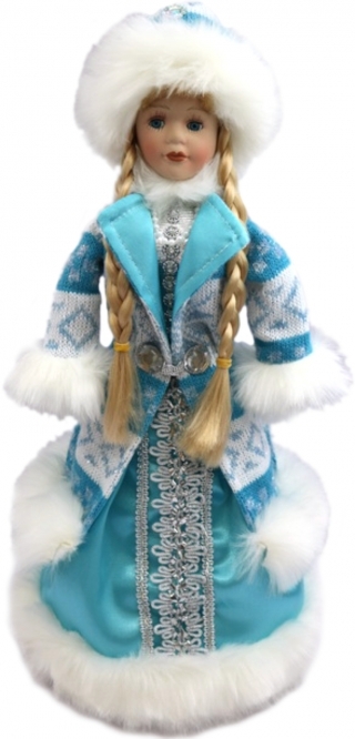 купить Кукла фарфоровая в голубой с белым узором шубке